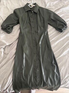 Faux Leather Olive Green Midi Shirt Dress with Puff Sleeves